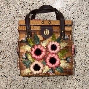 Floral Embroidered Straw Tote Bag with Brown Handles